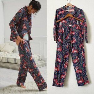 Printfresh Anthropologie L Queen Lotus Long Sleep Set in Indigo